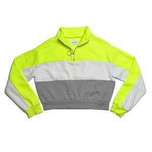 Neon Green White & Gray Cropped Quarter Zip Hoodie